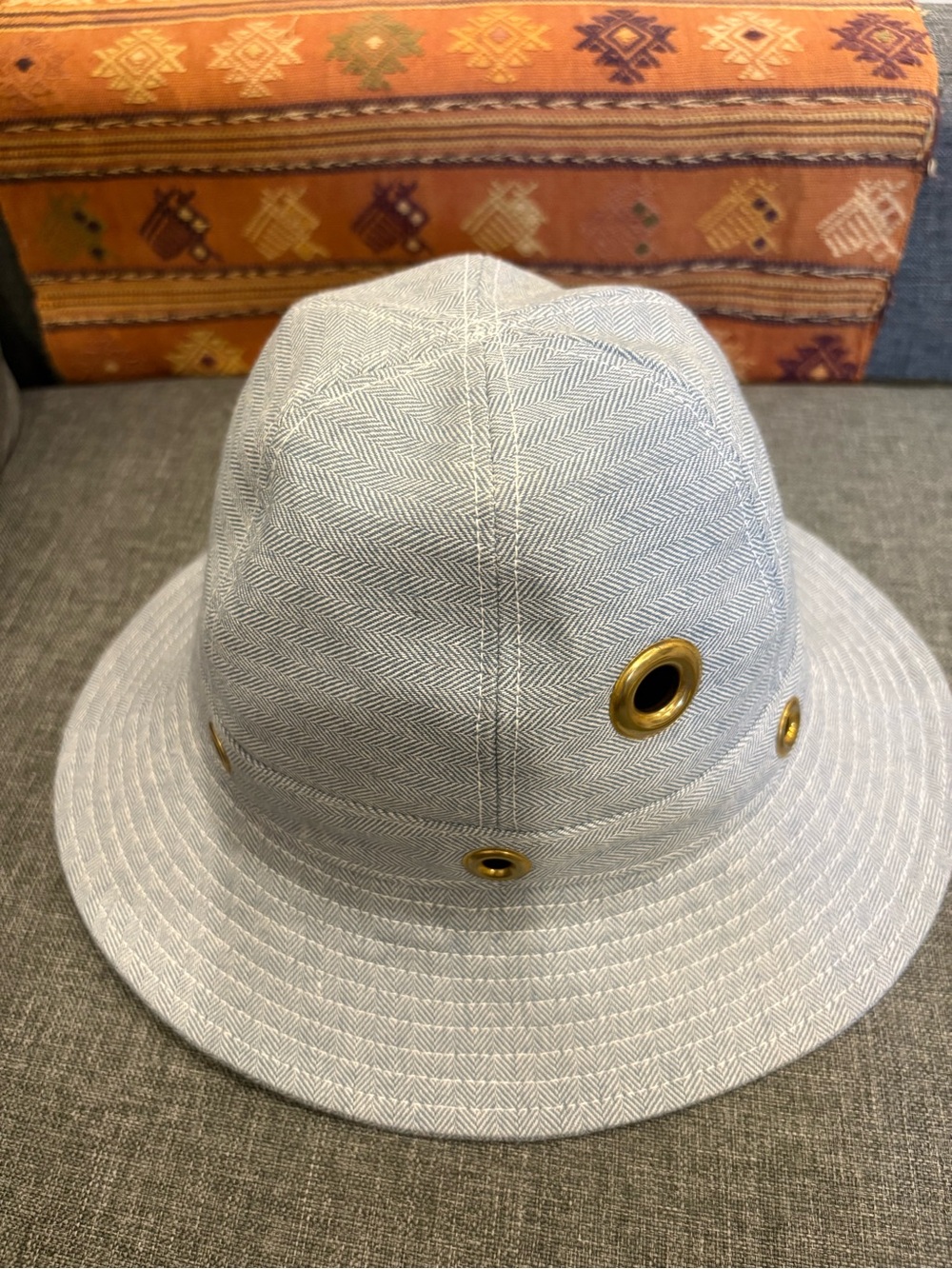 Clare V Light Blue Denim Bucket Hat with Gold Eyelets - Picture 2 of 7